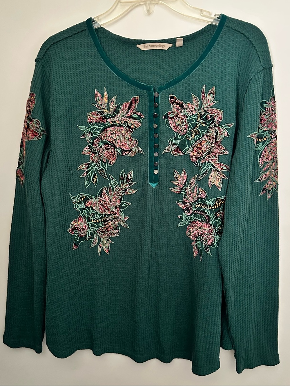 Soft Surroundings "Velvet Vine" Embroidered Waffle-Knit Henley Top~XL